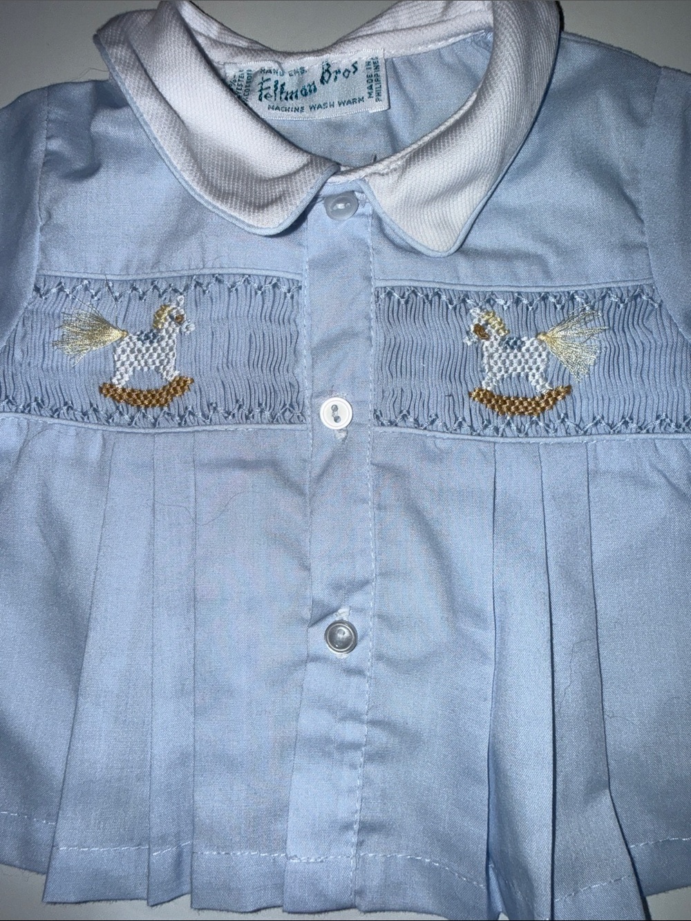 Feltman Bros Light Blue Smocked Two Piece Hand Embr Set with Horse Motif Preemie - Picture 3 of 4